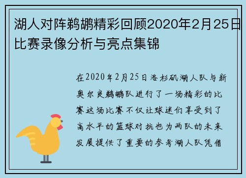 湖人对阵鹈鹕精彩回顾2020年2月25日比赛录像分析与亮点集锦