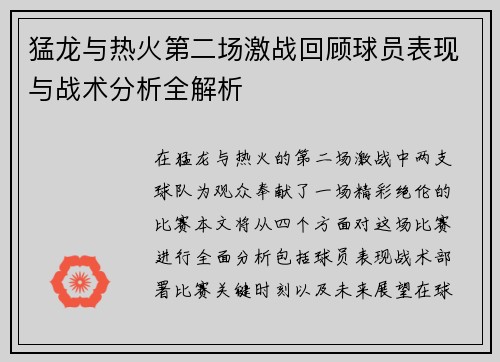 猛龙与热火第二场激战回顾球员表现与战术分析全解析